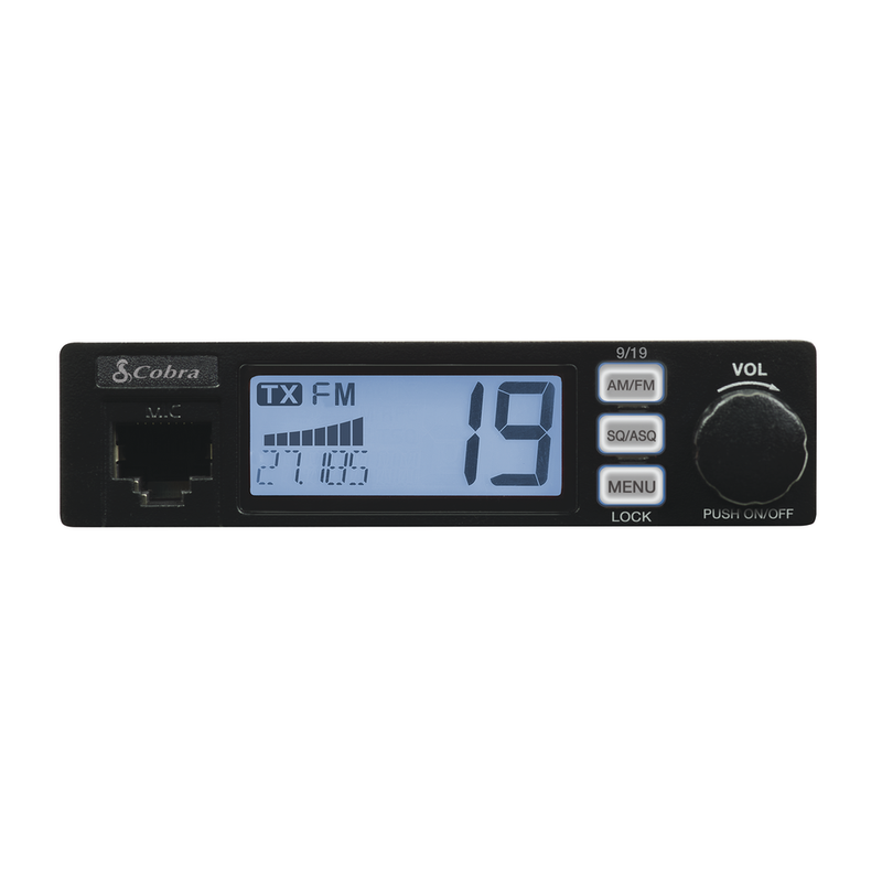 Cobra 19 MINI AM/FM front panel with illuminated display and channel controls