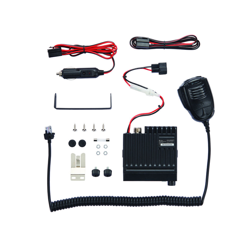 Cobra 19 MINI AM/FM radio with included microphone, mounting hardware and 12V power accessories