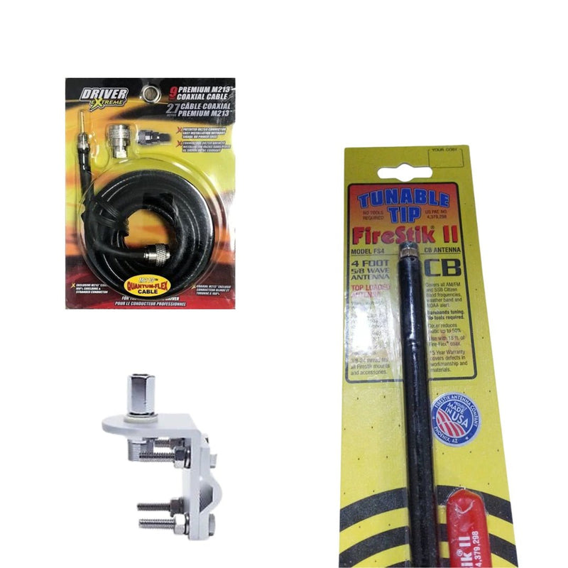 4ft Firestik FS Tunable Tip Fiberglass CB Radio Antenna, DRX - 1518 Coax, & Bracket Combo - CB Radio Supply