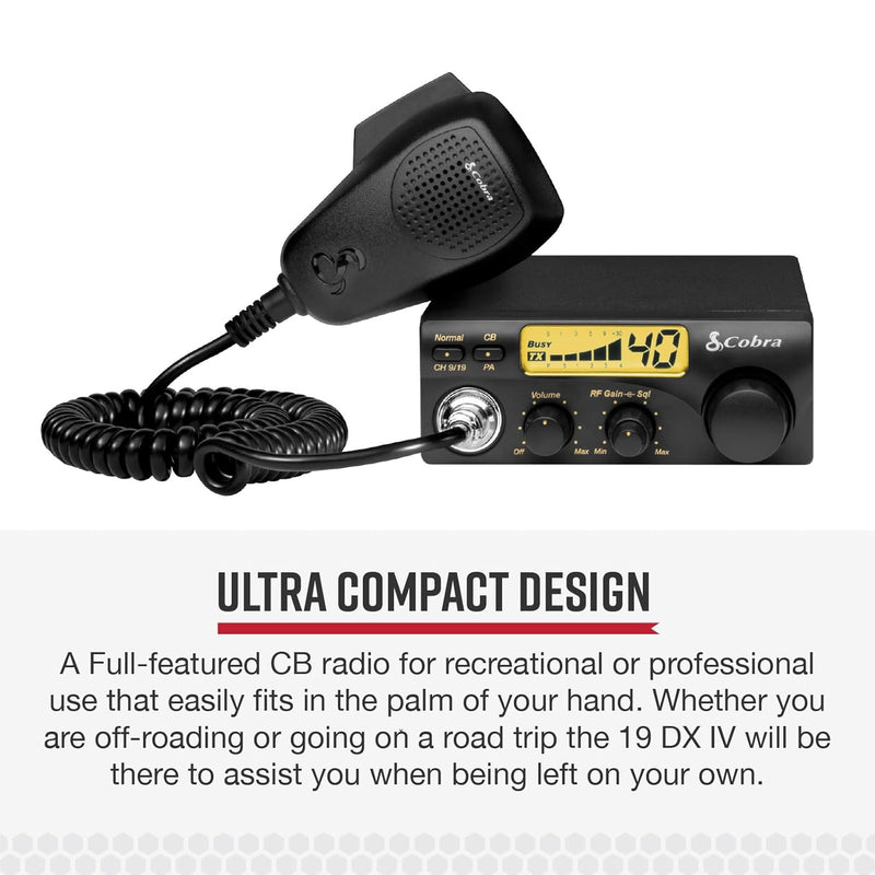 Cobra 19DX IV Mobile 40 Channel Compact CB Radio,Virginia CB Antenna, 3 inch External Speaker Combo - CB Radio Supply