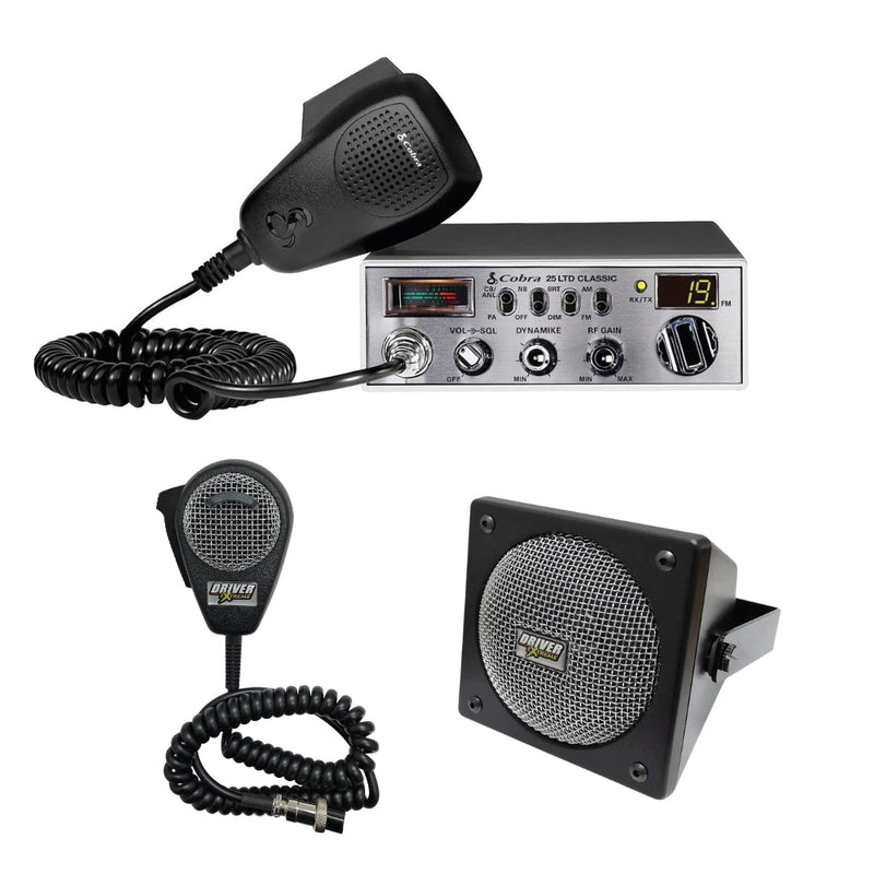 Cobra 25 LTD Classic 40 Channel AM FM CB Radio, DRX - 9010 External Speaker, DRX - 6560 4 Pin Noise Cancelling Dynamic Microphone, Combo - CB Radio Supply