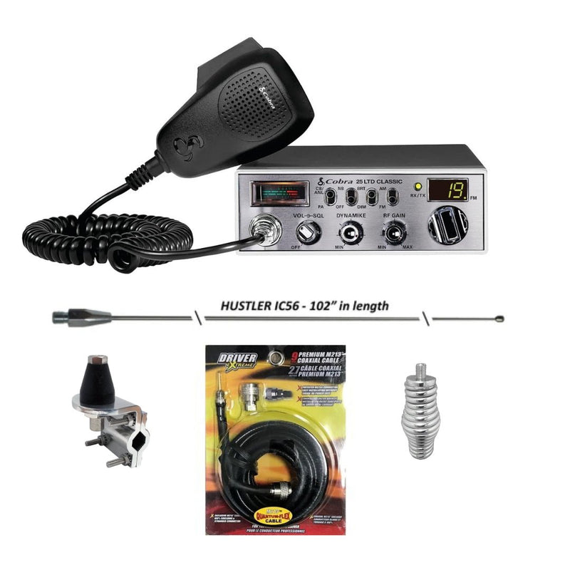 Cobra 25 LTD Classic 40 Channel AM FM CB Radio, Hustler IC56 102 Inch Whip, Antenna Mirror Mount, Barrel Spring, Coax Cable, Bundle - CB Radio Supply