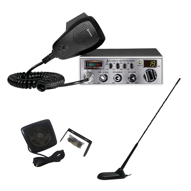 Cobra 25 LTD Classic 40 Channel AM FM CB Radio, Virginia CB Antenna, 3 inch External Speaker Combo - CB Radio Supply
