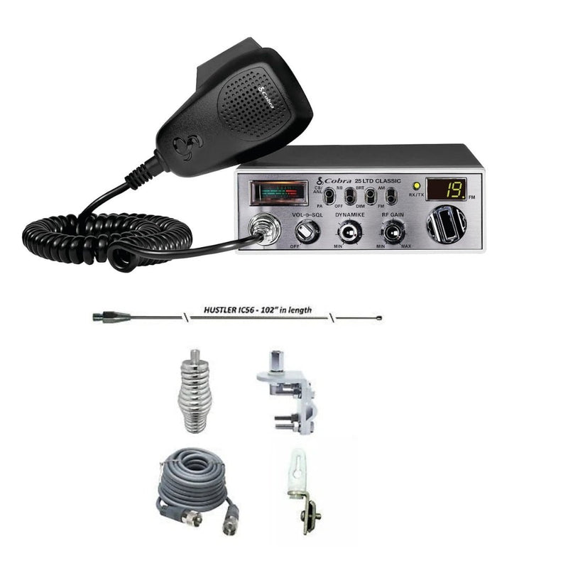 Cobra 25 LTD Classic AM FM CB Radio, HUSTLER IC56 102" CB Radio Stainless Steel Whip Antenna & Installation Kit - 18' RG8X, Tie Down, Combo - CB Radio Supply