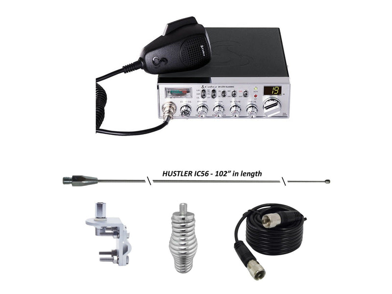 Cobra 29 LTD Classic AM/FM CB Radio, HUSTLER IC56 102" CB Radio Stainless Steel Whip Antenna & Installation Kit - 18' RG8X, Tie Down, Combo - CB Radio Supply
