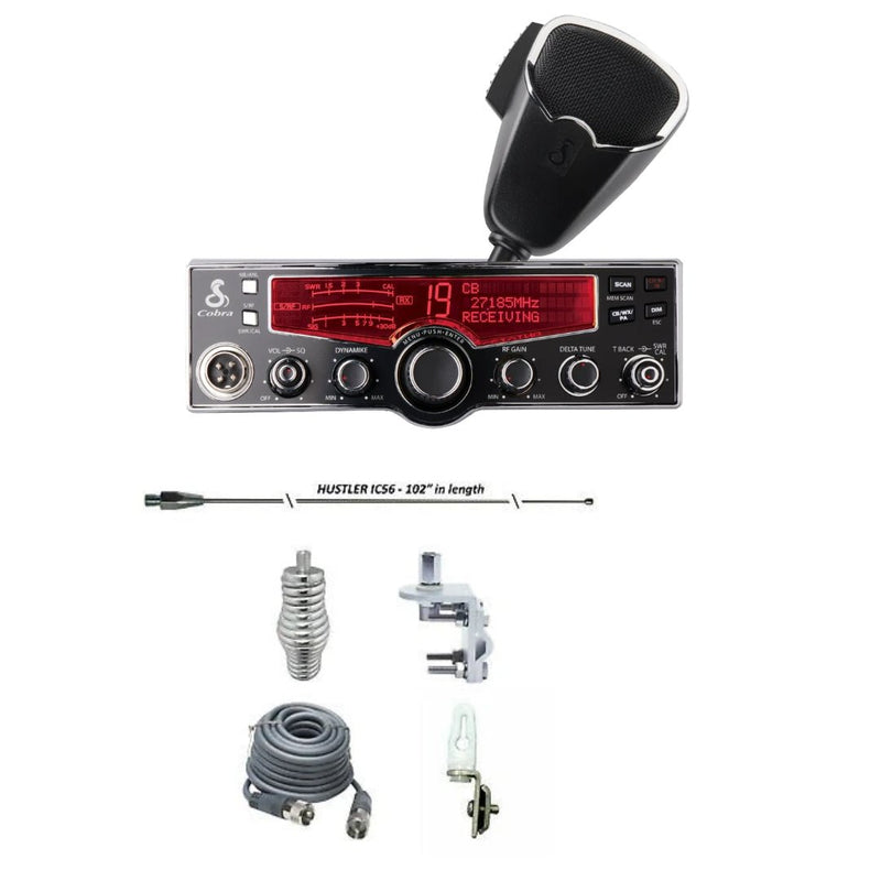 Cobra 29 LX CB Radio, HUSTLER IC56 102" CB Radio Stainless Steel Whip Antenna & Installation Kit - 18' RG8X, Tie Down, Combo - CB Radio Supply