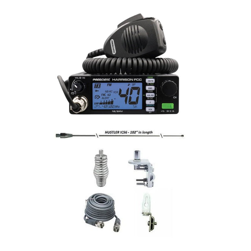 FCC President Harrison 40 Channel AM/FM CB Radio, HUSTLER IC56 102" CB Radio Stainless Steel Whip Antenna & Installation Kit - 18' RG8X, Tie Down, Combo - CB Radio Supply