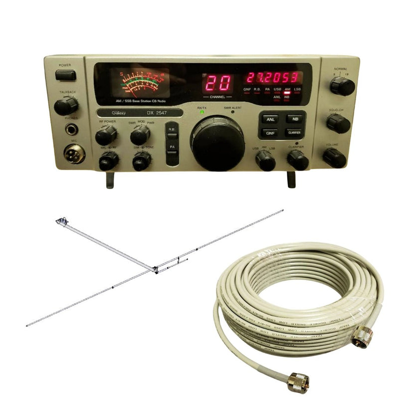 Galaxy DX 2547 CB Base Station, MACO BA1 10/11 Meter Half Wave Balcony Antenna, Tram RG8X Double Shielded CB Ham Radio Coax 50 Foot, Combo - CB Radio Supply