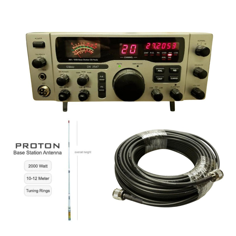 Galaxy DX 2547 CB Base Station, Procomm Proton PT99 CB Radio Base Antenna, Tram Browning BR 240 LMR240 Type 50ft Ham Radio Base Coax Cable, Combo - CB Radio Supply