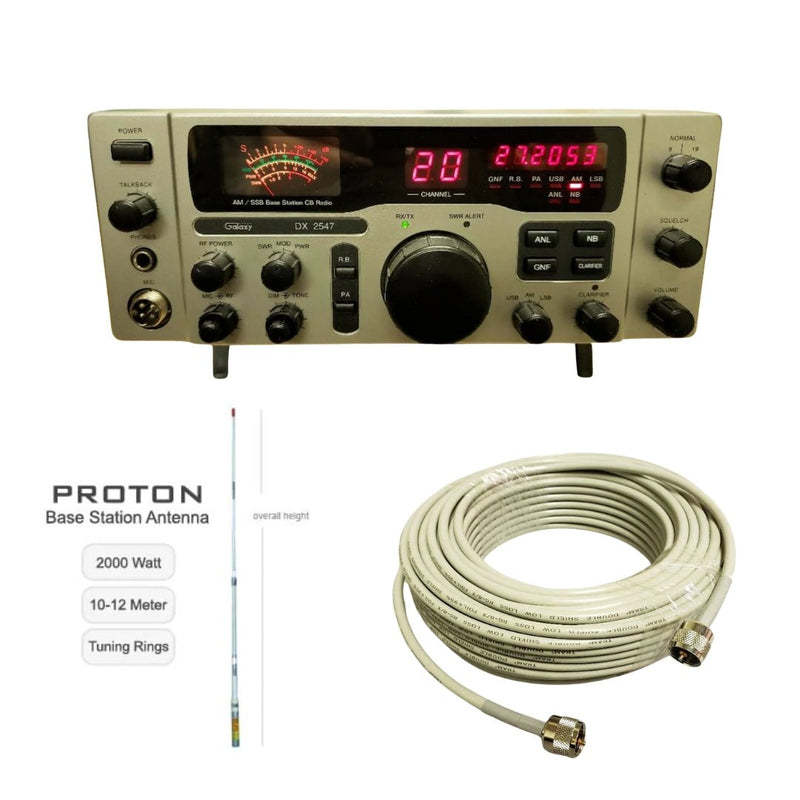 Galaxy DX 2547 CB Base Station, Procomm Proton PT99 CB Radio Base Antenna, Tram RG8X Double Shielded CB Ham Radio Coax 100 Foot, Combo - CB Radio Supply