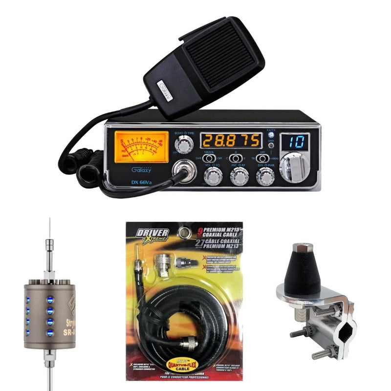 Galaxy DX 66V3 10 Meter CB Radio, Stryker SR - A10, DRX - 3402 Heavy Duty Antenna Mirror Mount, DRX - 1518 18 FOOT PREMIUM M213, Combo - CB Radio Supply