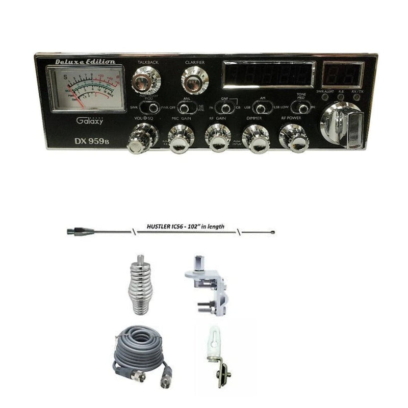 Galaxy DX 959B CB Radio, HUSTLER IC56 102" CB Radio Stainless Steel Whip Antenna & Installation Kit - 18' RG8X, Tie Down, Combo - CB Radio Supply