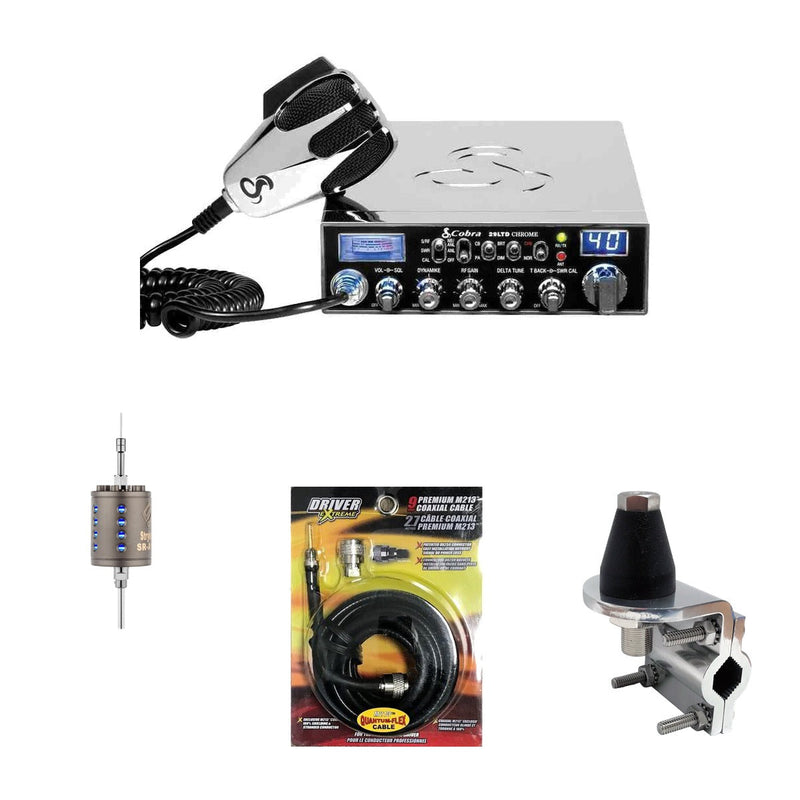 Cobra 29 LTD Chrome AM/FM CB radio combo with Stryker SR-A10 antenna, DRX-3402 mount, and DRX-1518 coax