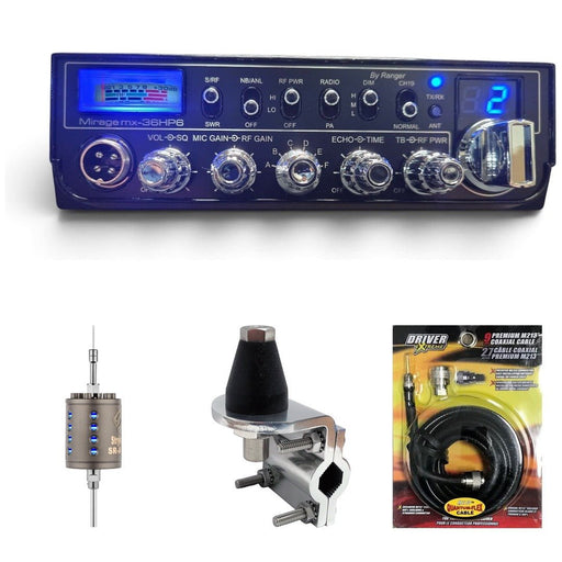 Mirage MX-36HP6 10 Meter Radio, Stryker SR-A10 Antenna, DRX-3402 Heavy Duty Mirror Mount, DRX-1518 18 Foot Premium M213 Coax Combo - CB Radio Supply