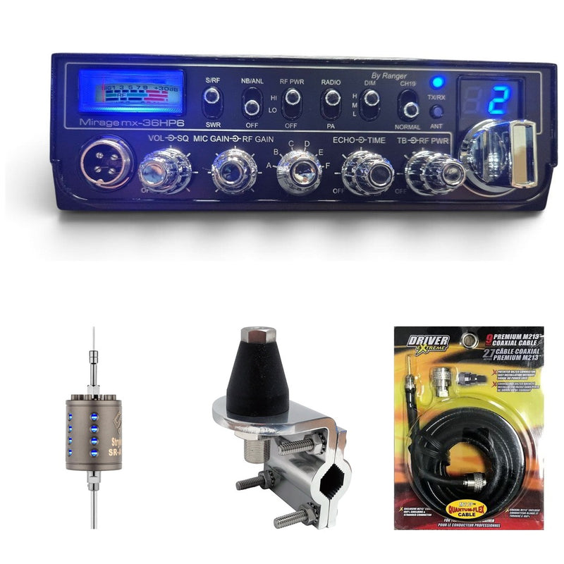 Mirage MX-36HP6 10-meter radio with Stryker SR-A10 antenna, DRX-3402 heavy-duty mirror mount, and DRX-1518 premium M213 coax
