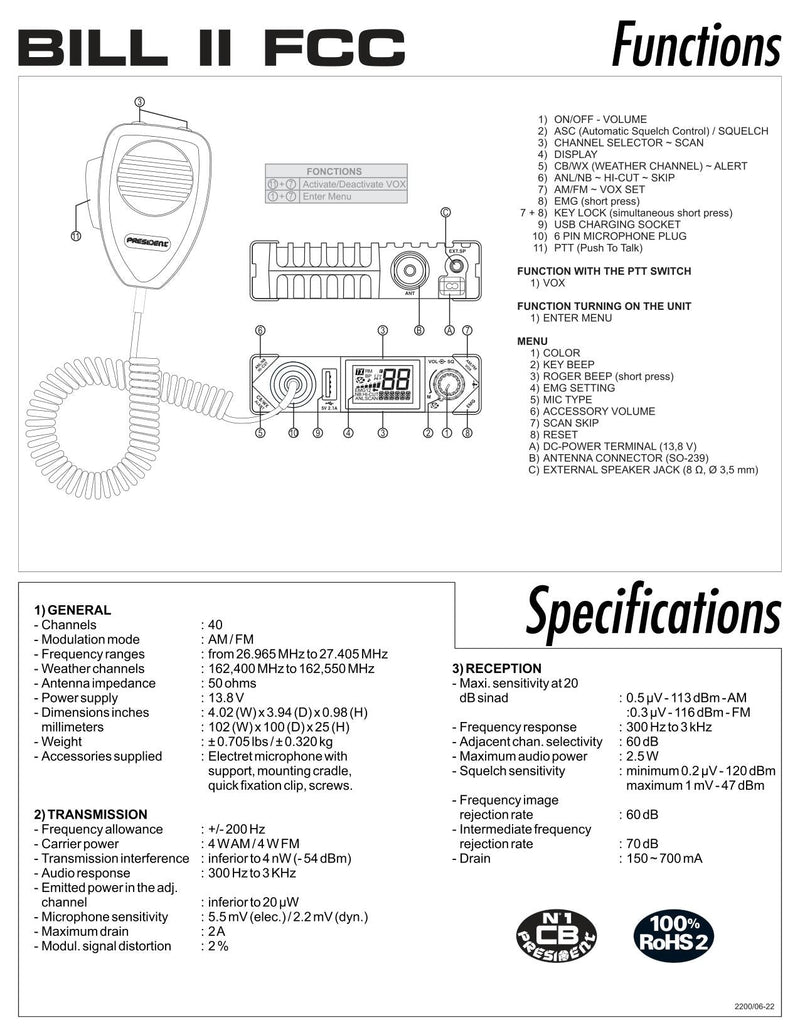 President Bill II FM and Virginia CB Radio and Antenna Combo - CB Radio Supply