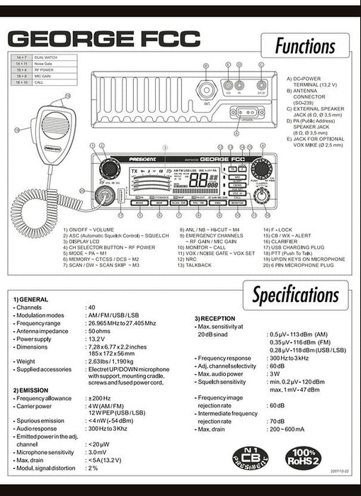 PRESIDENT GEORGE AM/FM SSB CB RADIO - CB Radio Supply