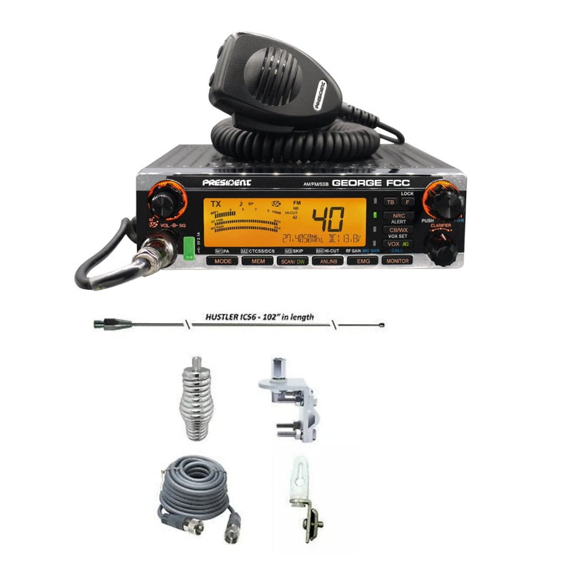 PRESIDENT GEORGE CB RADIO, HUSTLER IC56 102" CB Radio Stainless Steel Whip Antenna & Installation Kit - 18' RG8X, Tie Down, Combo - CB Radio Supply