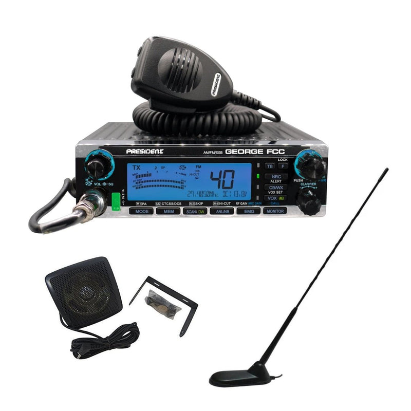 PRESIDENT GEORGE FCC AM/FM SSB CB RADIO, Virginia CB Antenna, 3 inch External Speaker Combo - CB Radio Supply