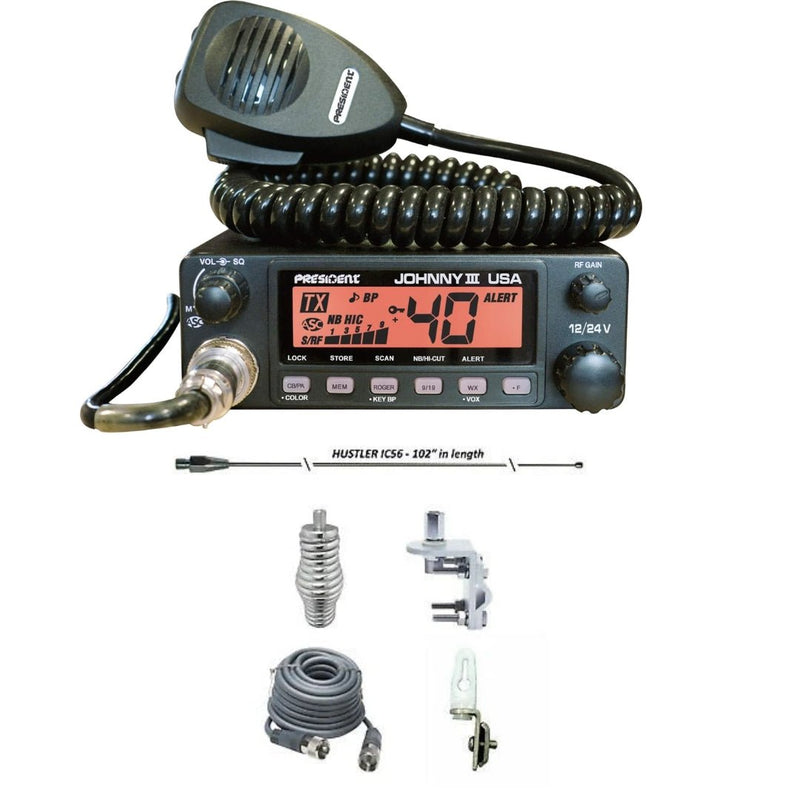 President Johnny III CB Radio, HUSTLER IC56 102" CB Radio Stainless Steel Whip Antenna & Installation Kit - 18' RG8X, Tie Down, Combo - CB Radio Supply