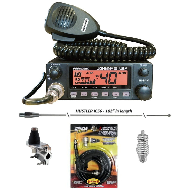 President Johnny III CB Radio, Hustler IC56 102 Inch Whip, Antenna Mirror Mount, Barrel Spring, Coax Cable, Bundle - CB Radio Supply