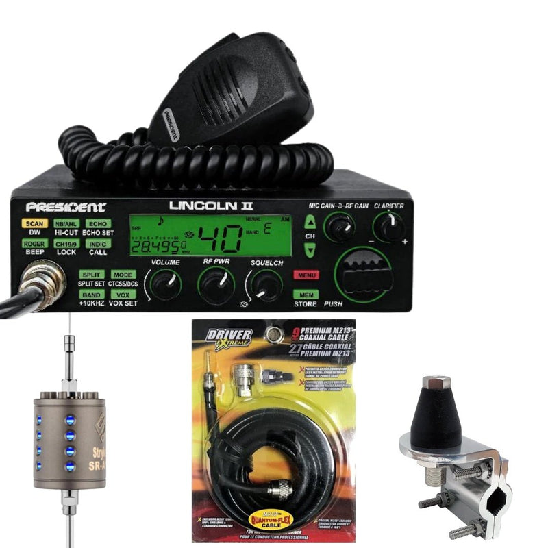 President Lincoln II+ 10 Meter CB Radio, Stryker SR - A10, DRX - 3402 Heavy Duty Antenna Mirror Mount, DRX - 1518 18 FOOT PREMIUM M213, Combo - CB Radio Supply