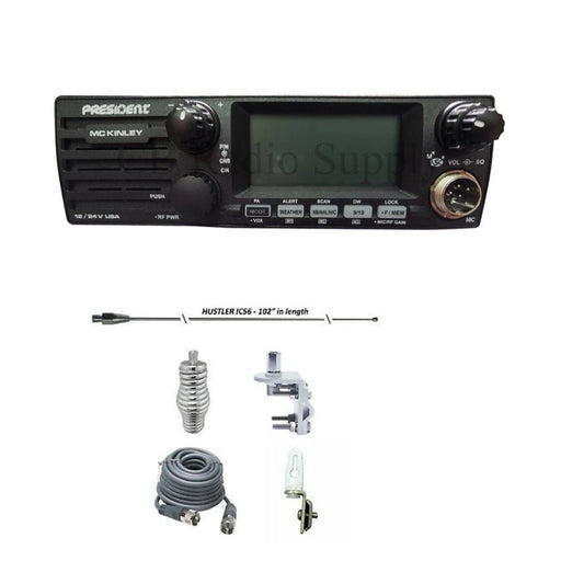 President McKinley CB Radio, HUSTLER IC56 102" CB Radio Stainless Steel Whip Antenna & Installation Kit - 18' RG8X, Tie Down, Combo - CB Radio Supply