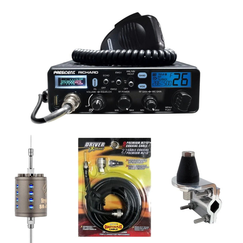 President Richard 10 Meter CB Radio, Stryker SR - A10, DRX - 3402 Heavy Duty Antenna Mirror Mount, DRX - 1518 18 FOOT PREMIUM M213, Combo - CB Radio Supply