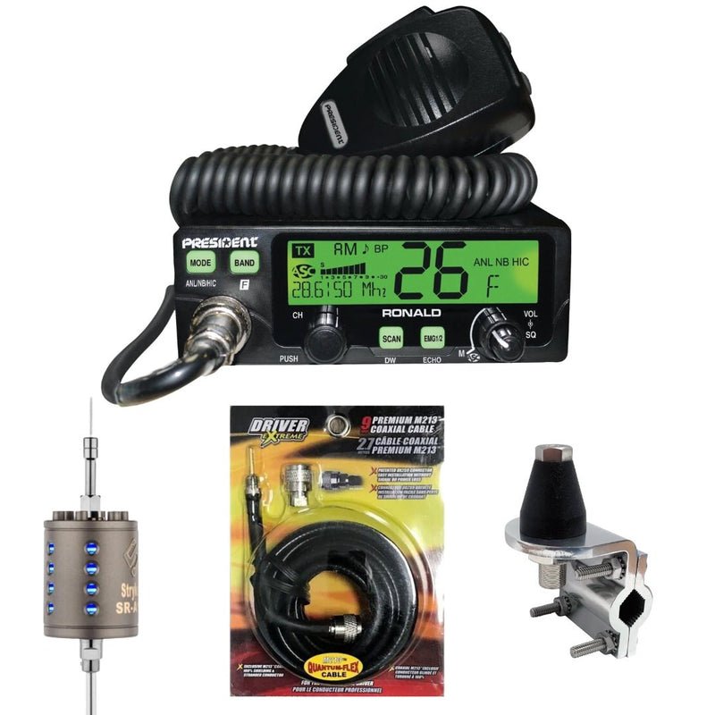 President Ronald 10 Meter CB Radio, Stryker SR - A10, DRX - 3402 Heavy Duty Antenna Mirror Mount, DRX - 1518 18 FOOT PREMIUM M213, Combo - CB Radio Supply