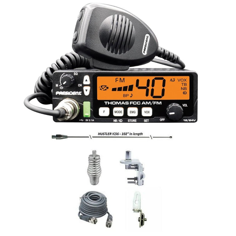 President Thomas 40 Channel AM/FM CB Radio, HUSTLER IC56 102" CB Radio Stainless Steel Whip Antenna & Installation Kit - 18' RG8X, Tie Down, Combo - CB Radio Supply