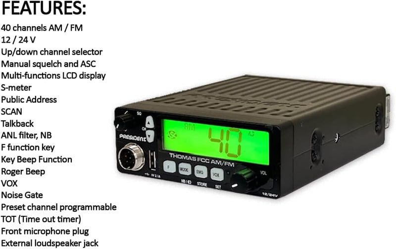 President Thomas 40 Channel AM/FM CB Radio, Virginia CB Antenna, 3 inch External Speaker Combo - CB Radio Supply