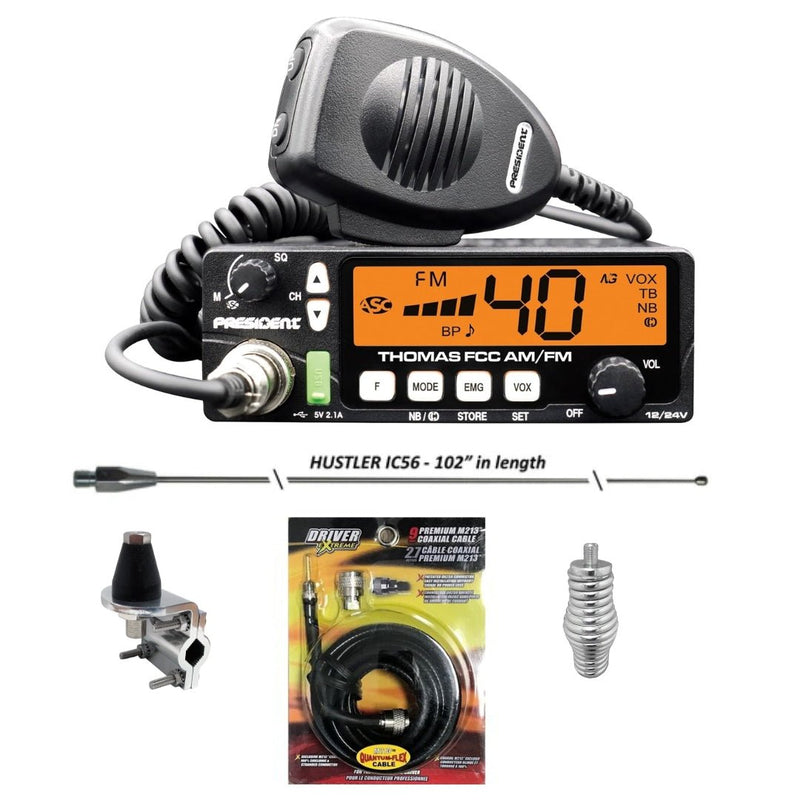 President Thomas CB Radio, Hustler IC56 102 Inch Whip, Antenna Mirror Mount, Barrel Spring, Coax Cable, Bundle - CB Radio Supply