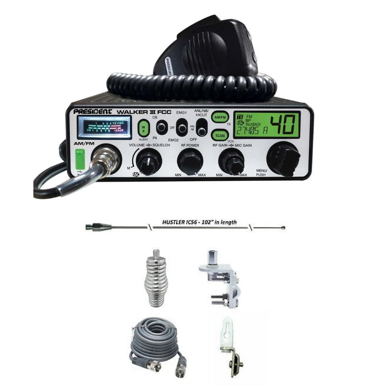President Walker III AM/FM CB Radio, HUSTLER IC56 102" CB Radio Stainless Steel Whip Antenna & Installation Kit - 18' RG8X, Tie Down, Combo - CB Radio Supply