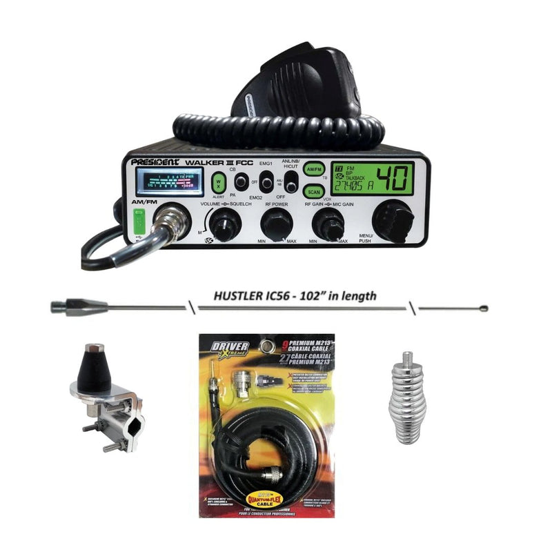President Walker III AM/FM CB Radio, Hustler IC56 102 Inch Whip, Antenna Mirror Mount, Barrel Spring, Coax Cable, Bundle - CB Radio Supply