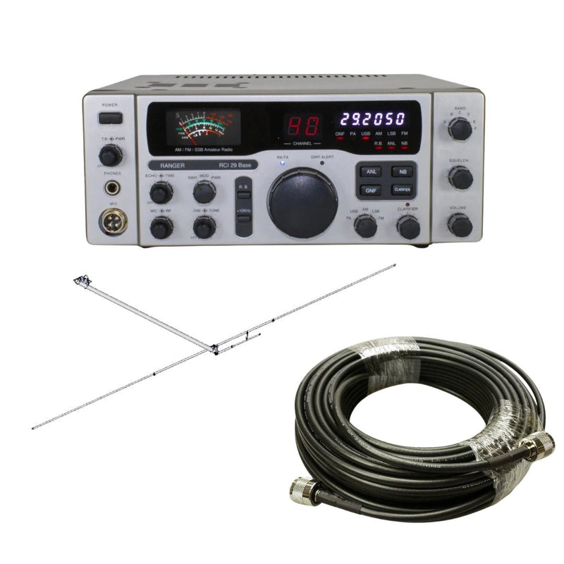 Ranger RCI - 29 Base Station 10 Meter Radio, MACO BA1 10/11 Meter Half Wave Balcony Antenna, Tram Browning BR 240 LMR240 Type 100ft Ham Radio Base Coax Cable, Combo - CB Radio Supply
