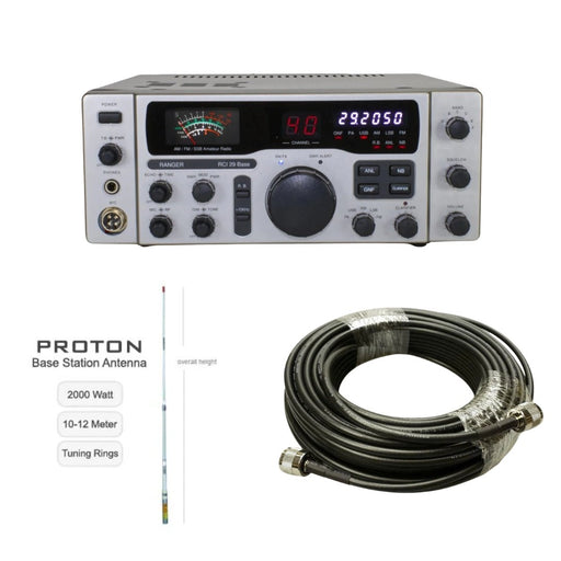 Ranger RCI - 29 Base Station 10 Meter Radio, Procomm Proton PT99 CB Radio Base Antenna, Tram Browning BR 240 LMR240 Type 50ft Ham Radio Base Coax Cable, Combo - CB Radio Supply