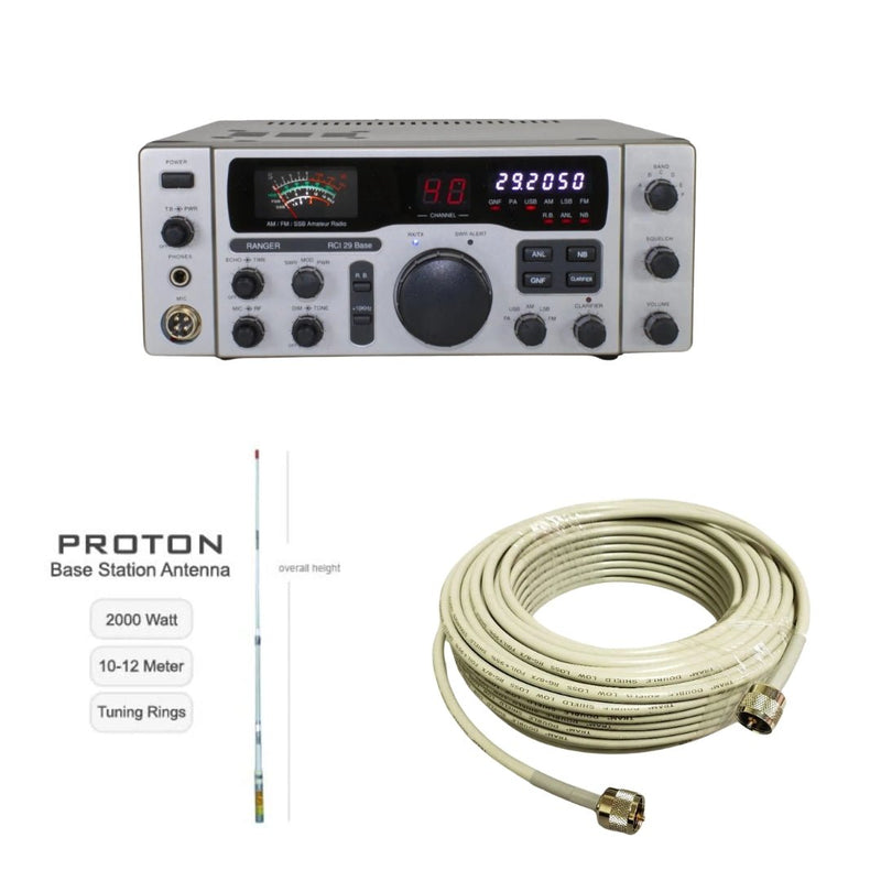 Ranger RCI - 29 Base Station 10 Meter Radio, Procomm Proton PT99 CB Radio Base Antenna, Tram RG8X Double Shielded CB Ham Radio Coax 50 Foot, Combo - CB Radio Supply