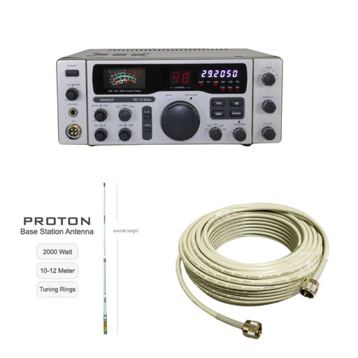 Ranger RCI - 29 Base Station 10 Meter Radio, Procomm Proton PT99 CB Radio Base Antenna, Tram RG8X Double Shielded CB Ham Radio Coax 50 Foot, Combo - CB Radio Supply