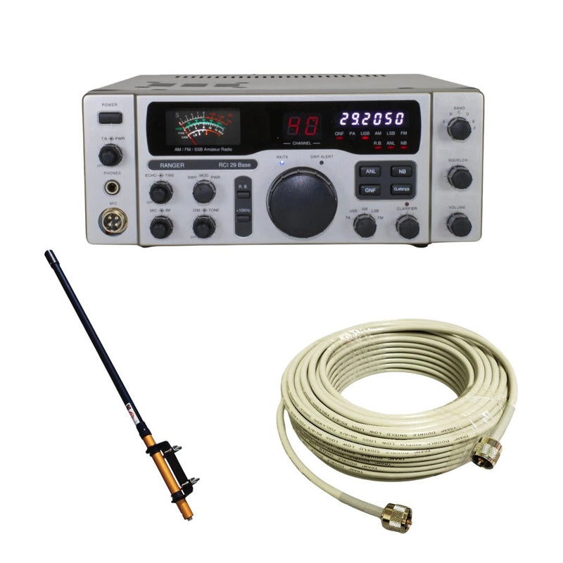 Ranger RCI - 29 Base Station 10 Meter Radio, Workman Saturn B100 No Ground - Plane Antenna Base Station, Tram RG8X Double Shielded CB Ham Radio Coax 50 Foot, Combo - CB Radio Supply