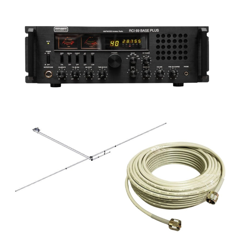 Ranger RCI - 69 Base Plus Plus 10 Meter Radio, MACO BA1 10/11 Meter Half Wave Balcony Antenna, Tram RG8X Double Shielded CB Ham Radio Coax 50 Foot, Combo - CB Radio Supply