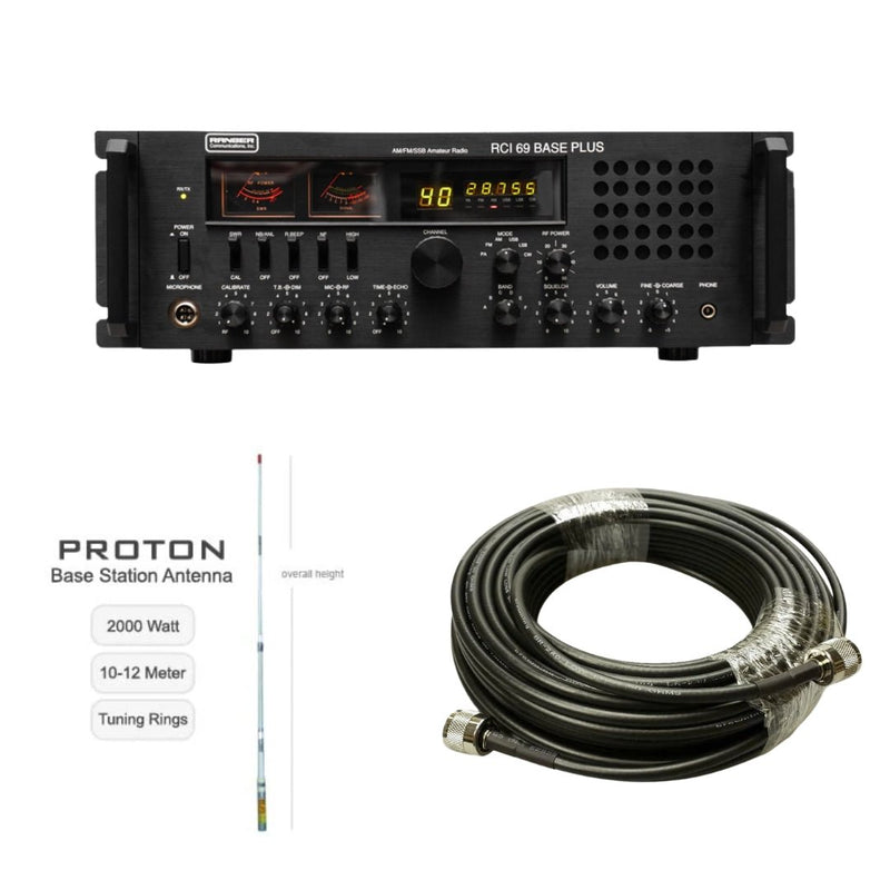 Ranger RCI - 69 Base Plus Plus 10 Meter Radio, Procomm Proton PT99 CB Radio Base Antenna, Tram Browning BR 240 LMR240 Type 50ft Ham Radio Base Coax Cable, Combo - CB Radio Supply