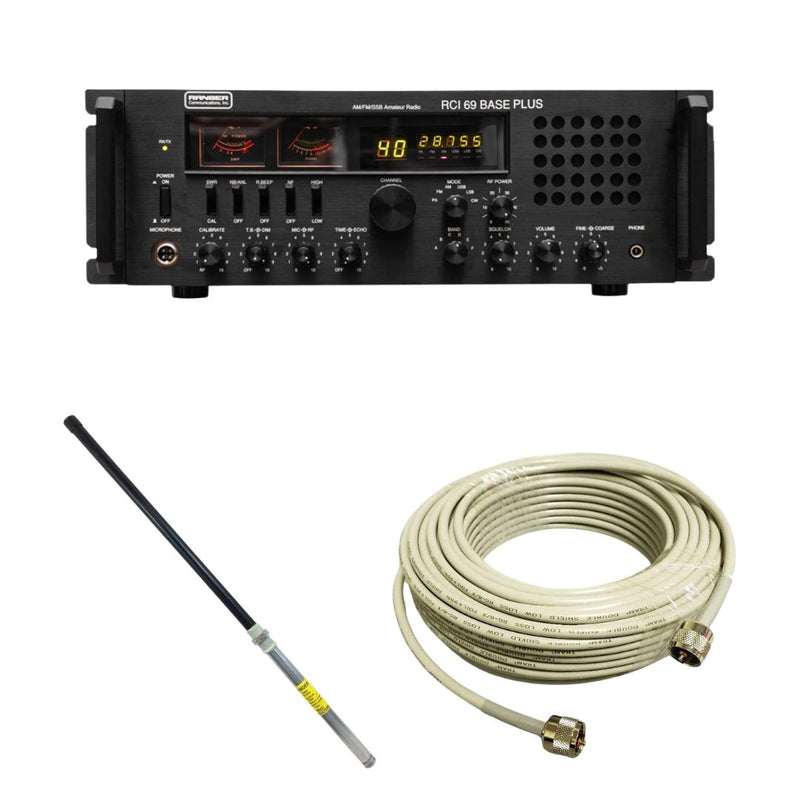 Ranger RCI - 69 Base Plus Plus 10 Meter Radio, Procomm PT - 3 Portable No Ground Base Station Antenna, Tram RG8X Double Shielded CB Ham Radio Coax 50 Foot, Combo - CB Radio Supply