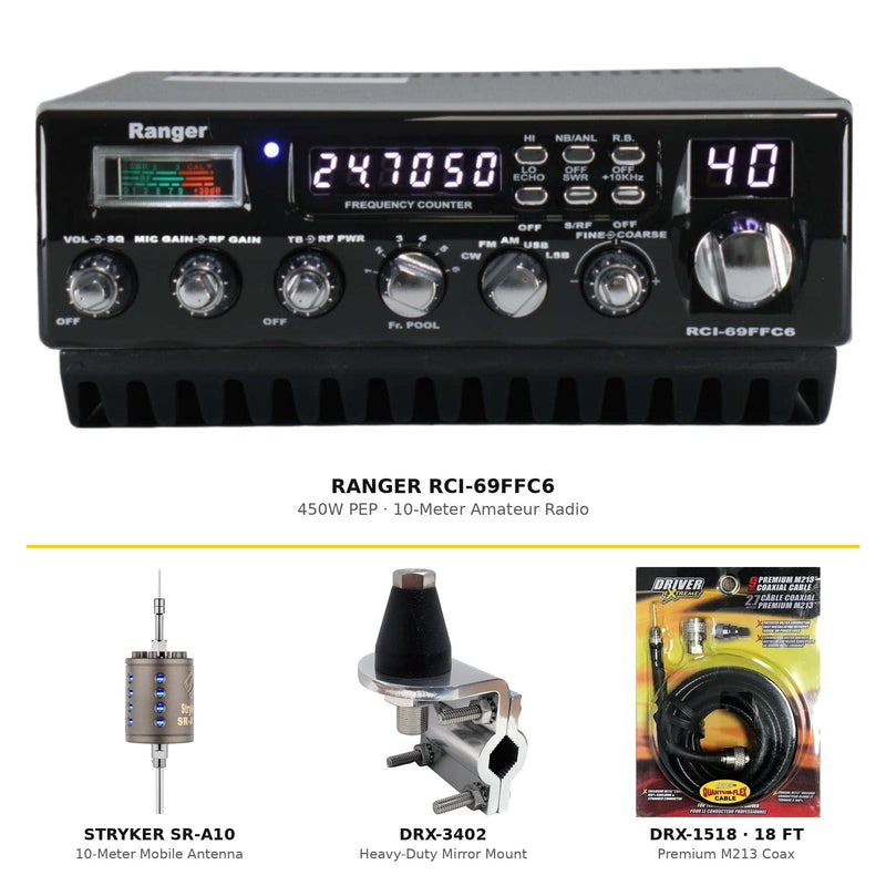 Ranger RCI-69FFC6 10 Meter Amateur Radio, Stryker SR-A10 Antenna, DRX-3402 Heavy Duty Mirror Mount, DRX-1518 18 Foot Premium M213 Coax, Combo - CB Radio Supply