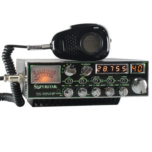 SuperStar SS-99VHP 200W high-powered 10 meter radio with multi-color display, echo, talkback, voice changer, and noise-canceling 4-pin microphone