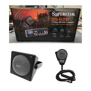 Superstar SS-626 10 meter radio with Driver Extreme DRX-9010 external speaker and DRX-6560 noise-cancelling mic on white background