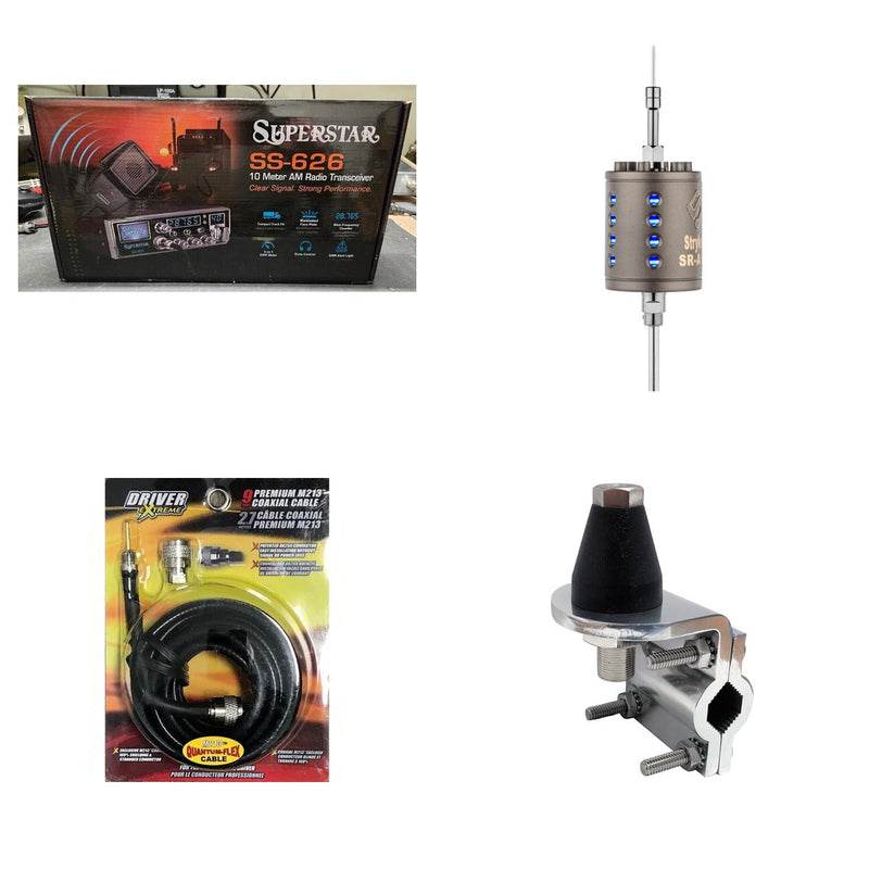 Superstar SS-626 10 meter radio with Stryker SR-A10 antenna, DRX-3402 mount, and DRX-1518 coax on white background