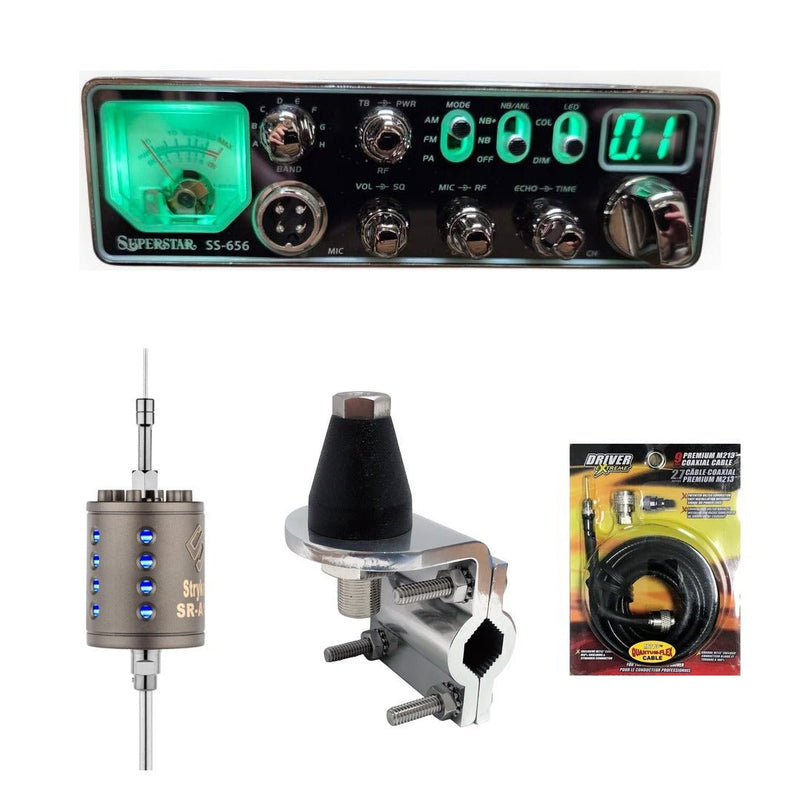 SuperStar SS-656 10 Meter Radio, Stryker SR-A10 Antenna, DRX-3402 Heavy Duty Antenna Mirror Mount, DRX-1518 18ft Premium M213 Coax, Combo - CB Radio Supply