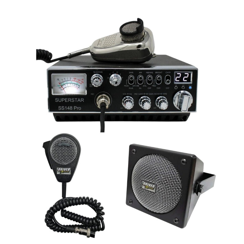 SuperStar SS148PRO 300 Watt 10 Meter CB Radio, DRX - 9010 External Speaker, DRX - 6560 4 Pin Noise Cancelling Dynamic Microphone, Combo - CB Radio Supply