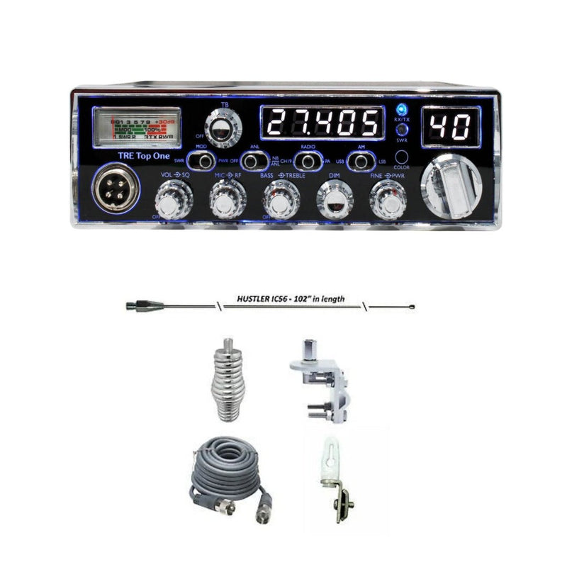 Texas Ranger TRE Top One AM/SSB CB Radio, HUSTLER IC56 102" CB Radio Stainless Steel Whip Antenna & Installation Kit - 18' RG8X, Tie Down, Combo - CB Radio Supply