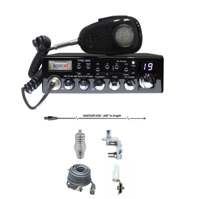 Texas Ranger TRE292 40 Channel CB Radio, HUSTLER IC56 102" CB Radio Stainless Steel Whip Antenna & Installation Kit - 18' RG8X, Tie Down, Combo - CB Radio Supply